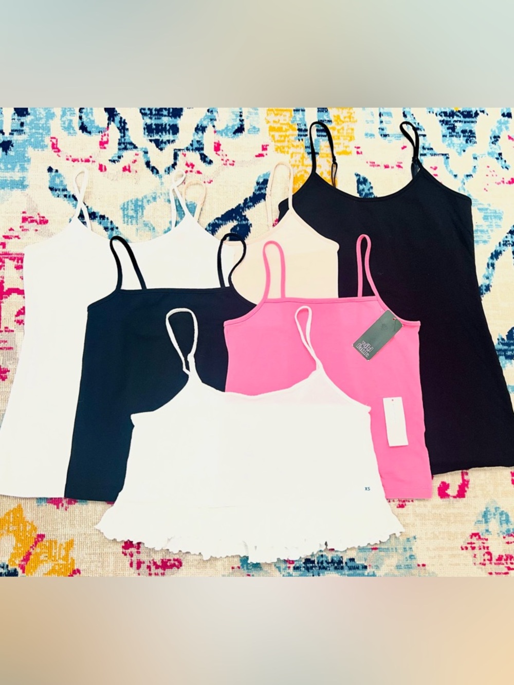 Bundle of 6 Spaghetti Strap Tank Tops - White, Black, and Pink, size S & XS